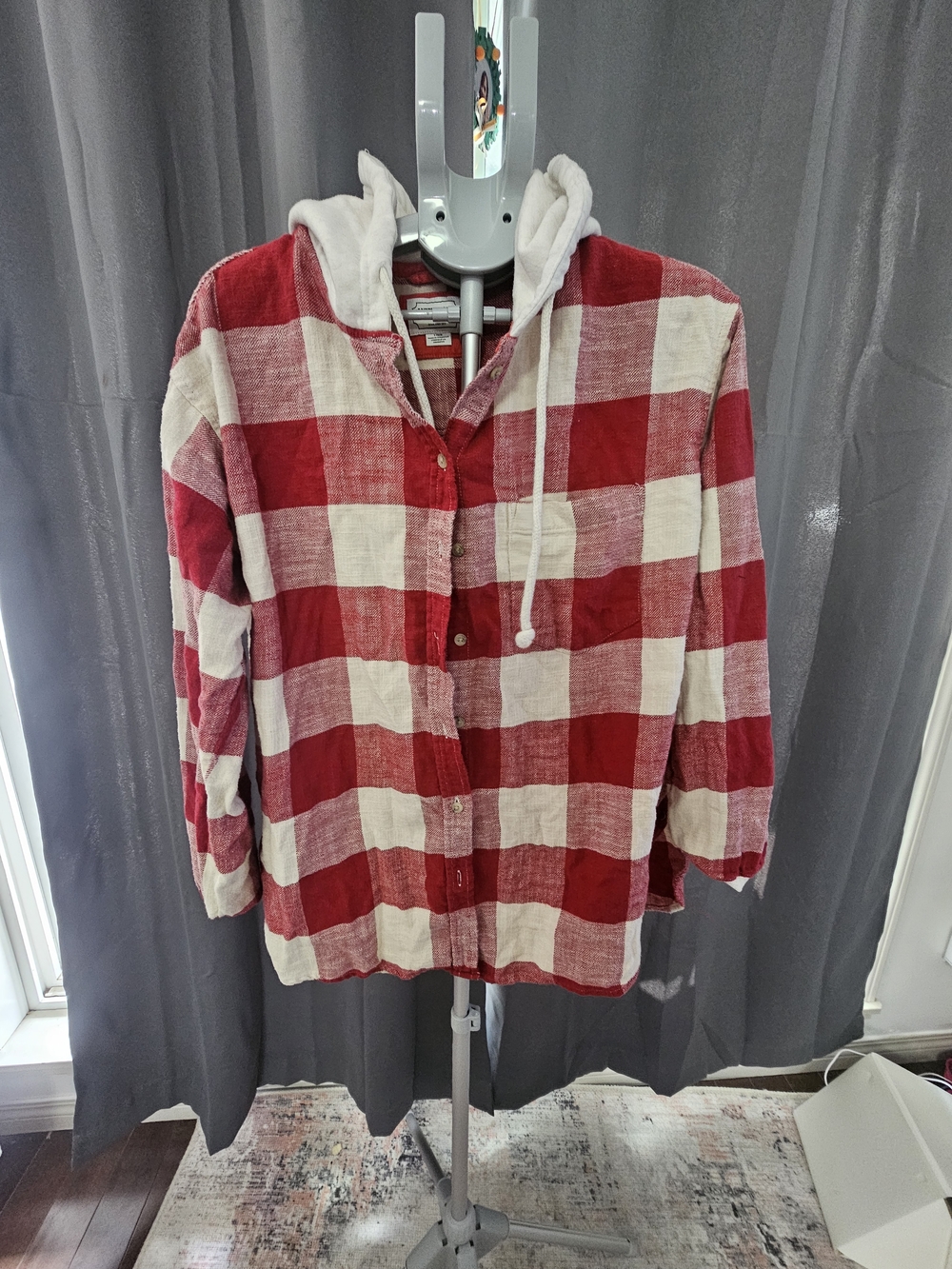American Eagle Outfitters Red and White Plaid Hooded Button-Up